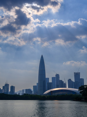 阳光下的深圳湾城市天际线