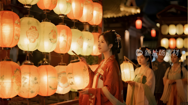 中秋国庆节古装美女灯笼夜景传统文化背景