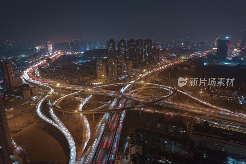 晚高峰天津立交桥车流街道交通夜景航拍