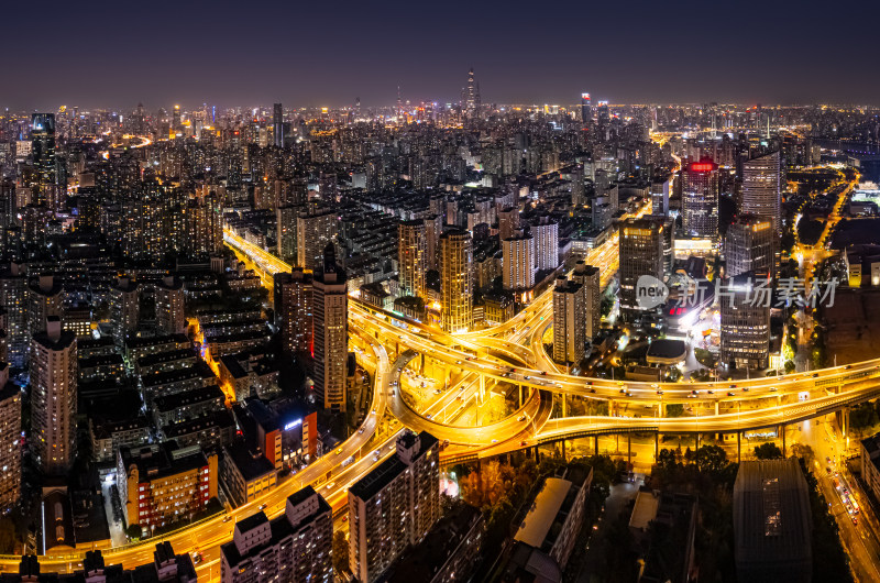 航拍上海鲁班路立交桥夜景