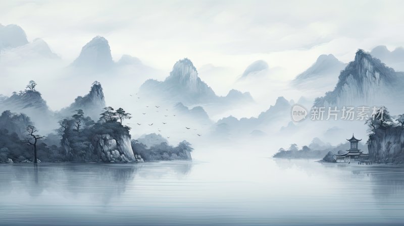 中国风水墨风景意境插画