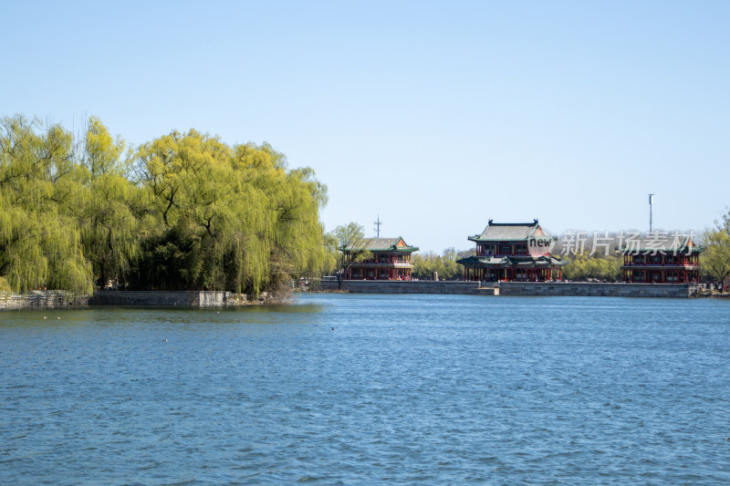 北京颐和园昆明湖湖边春色和古建筑