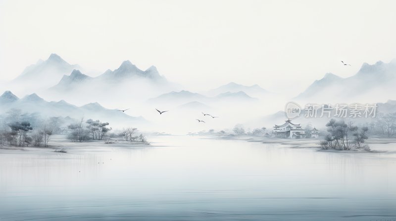 中国风水墨风景意境插画