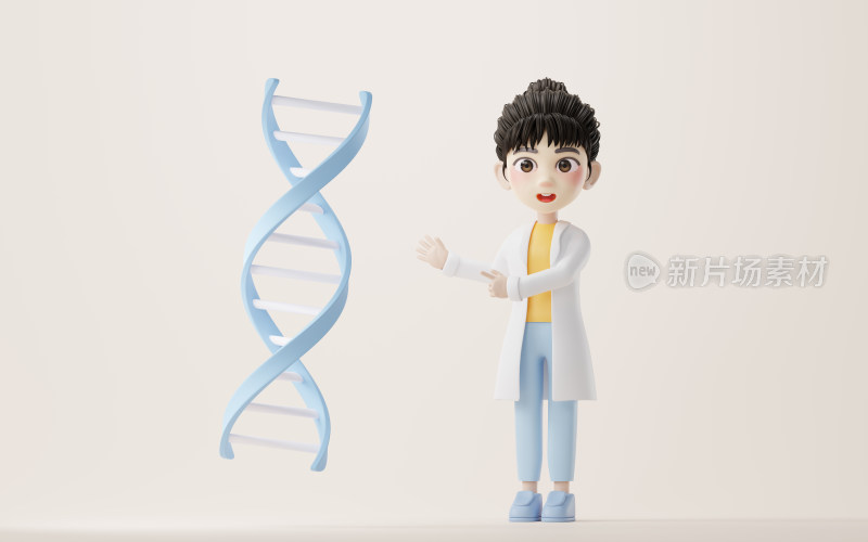 卡通女性科研人员与DNA结构3D渲染
