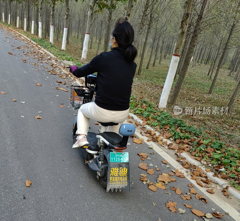 女子骑电动车行驶在落叶小道上