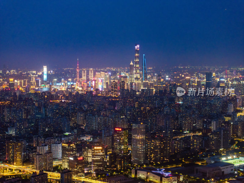 航拍上海城市夜景卢浦大桥世博园