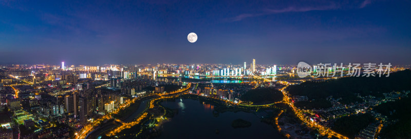 航拍长沙西湖公园城市夜景天际线