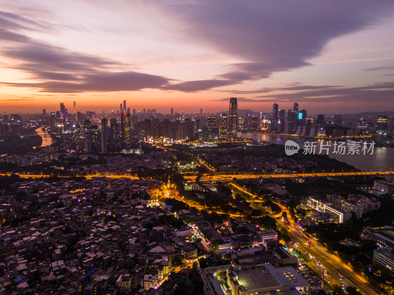 广州琶洲日落夜景航拍