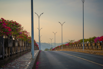 日落时的桥和道路