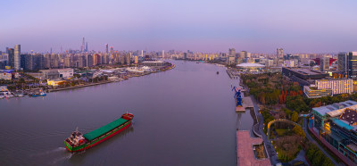 航拍上海黄浦江江畔日落美景