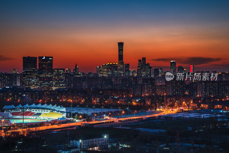 北京黄昏时分的城市高楼夜景全景