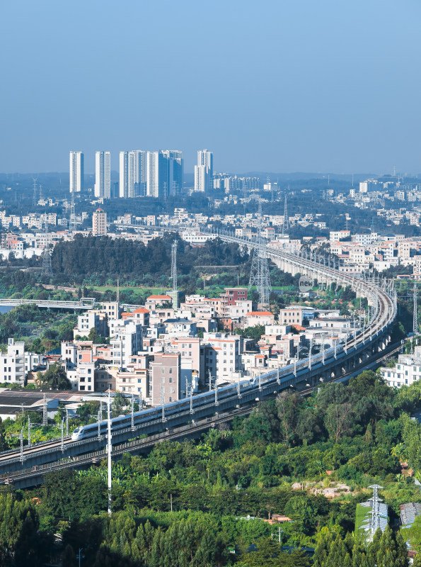 高铁穿行于城市建筑间的远景画面