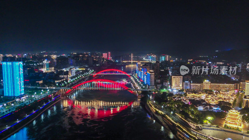 航拍四川宜宾金沙江戎州大桥夜景