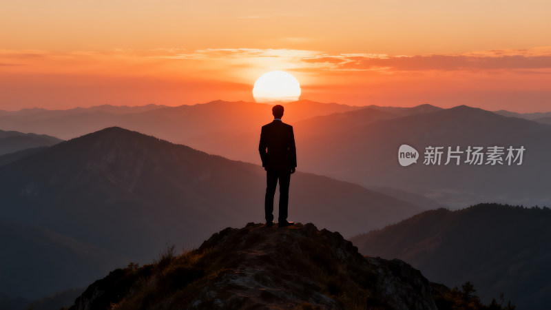 山顶男子眺望落日群山