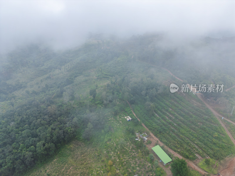 云雾缭绕中的山间营地航拍景象