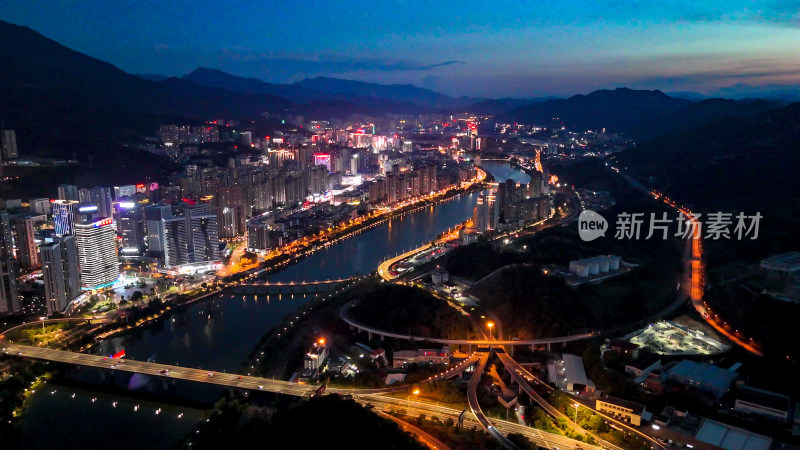 福建三明城市夜景灯光航拍图