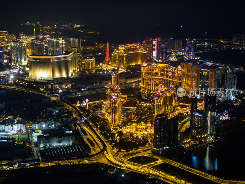 澳门半岛永利皇宫巴黎人伦敦人夜景高空航拍