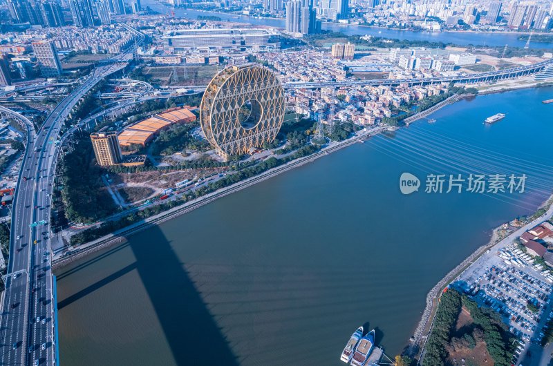 广州番禺珠江东沙大桥与广州圆大厦航拍