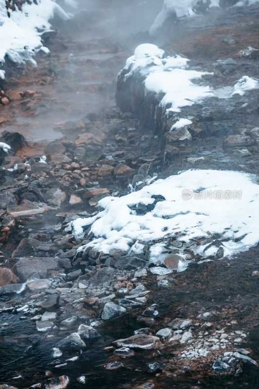 东北长白山冬季雪地上流动的河流