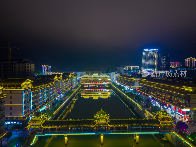 湖南怀化通道廊桥侗族风雨桥夜景航拍