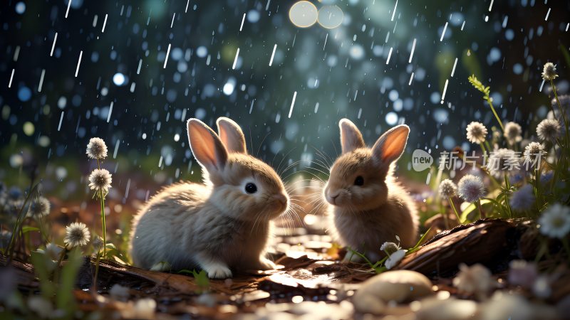 春天两只小兔子在花草丛中淋着春雨