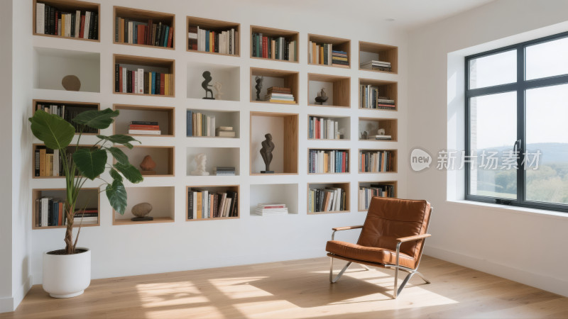 现代简约书房书架阅读角家居室内设计背景