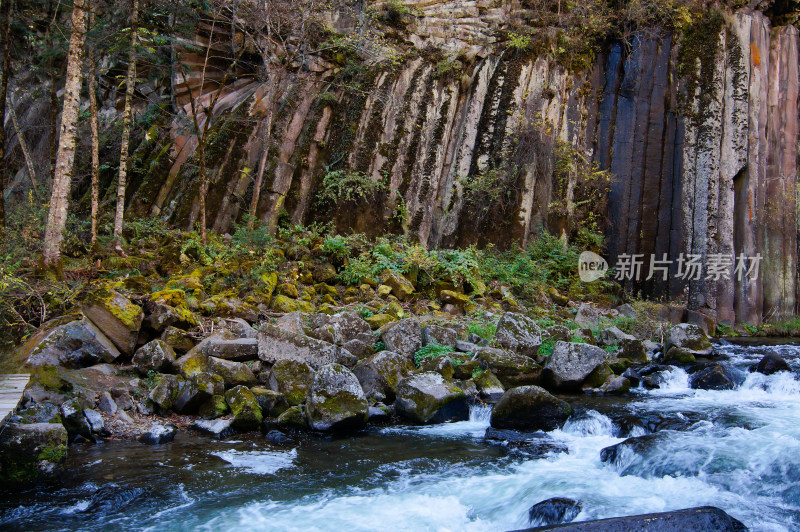 长白山望天鹅景区天书石林景观和湍急的溪流