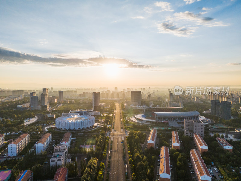 城市早晨日出航拍大气鸟瞰全景图效果图