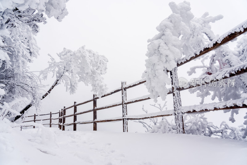 寒冷冬季景区雪后栈道