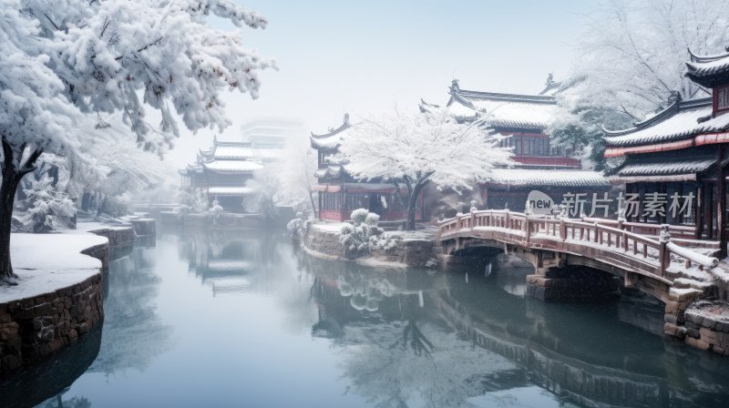 江南雪景，冬季里的江南小镇水墨画