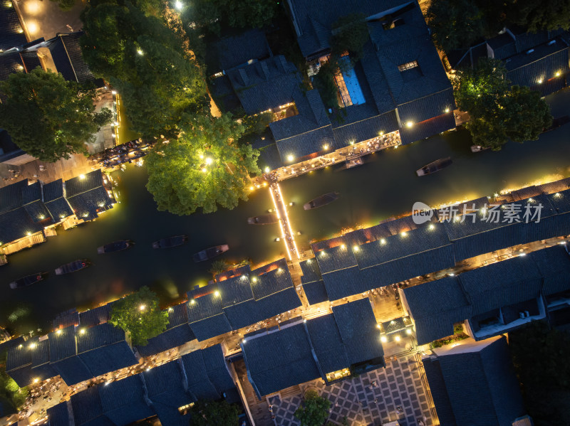 浙江嘉兴桐乡乌镇西栅景区江南水乡航拍夜景
