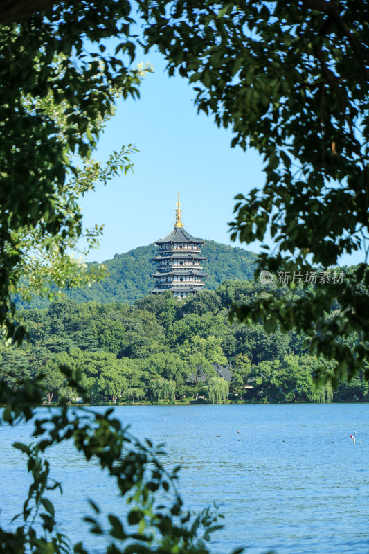 夏日蓝天下的杭州西湖雷峰塔湖光风景