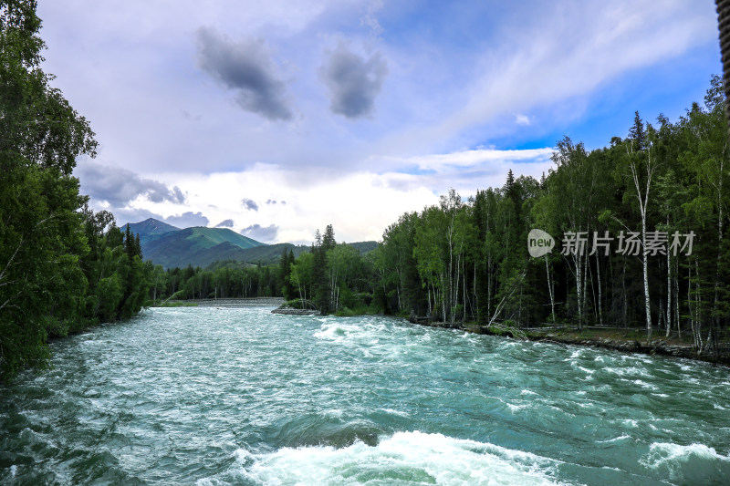 阿勒泰禾木森林村庄河流自然风光