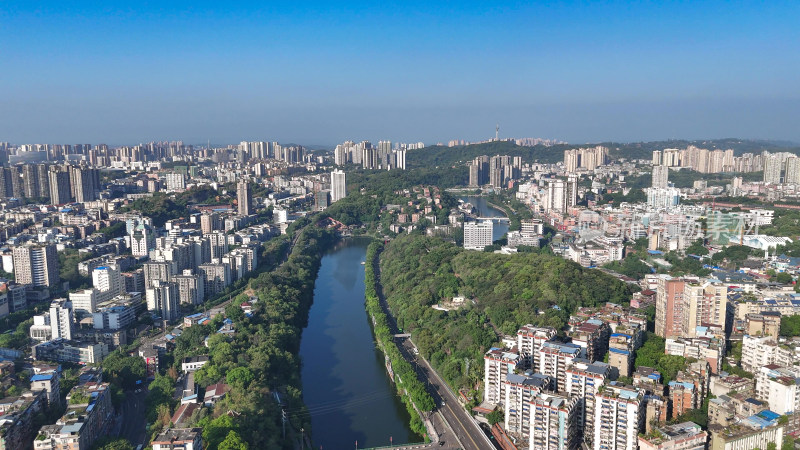 航拍四川自贡城市建设釜溪河风光