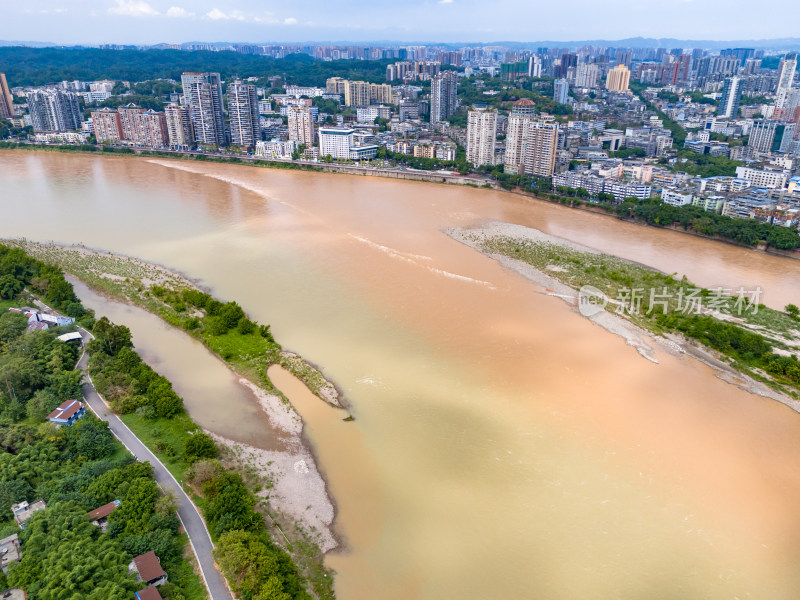 四川乐山城市风光闽江大渡河交汇处航拍图