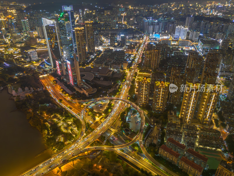 航拍福州城市夜景下与繁华立交桥及周边建筑