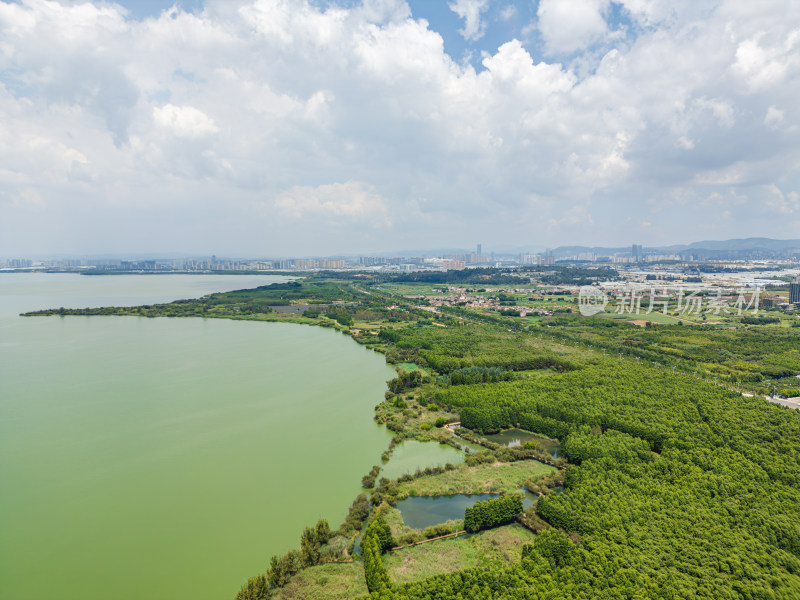 航拍昆明滇池捞鱼河湿地公园景观