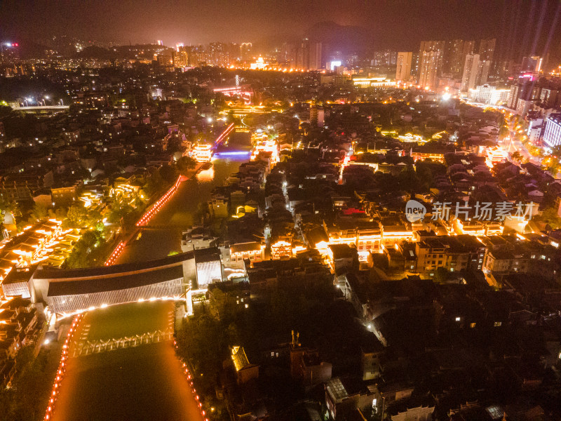 航拍湘西吉首乾州古城夜景