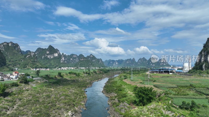 航拍广西河池龙江喀斯特地貌大山田园风光