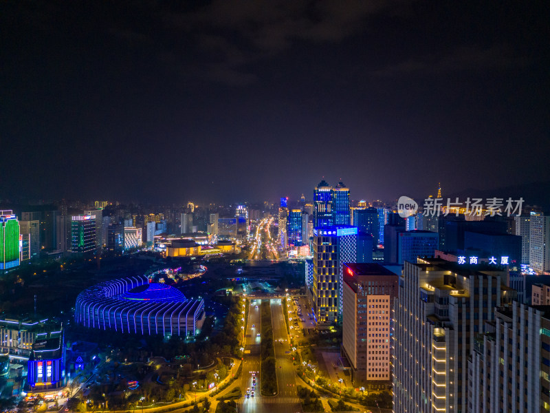 西宁城市夜景交通航拍图