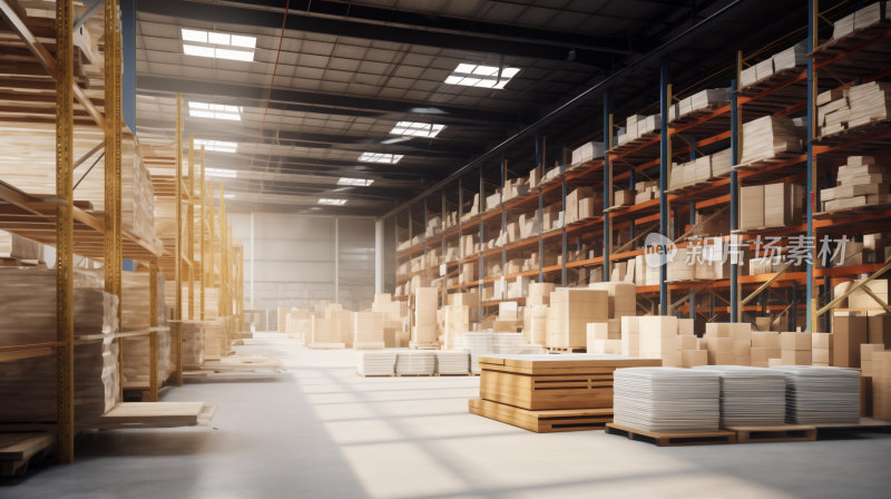 大型仓库内部货架摆放众多箱子