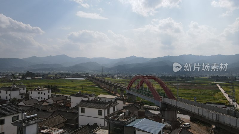 航拍高铁乡村铁路桥与田园风光