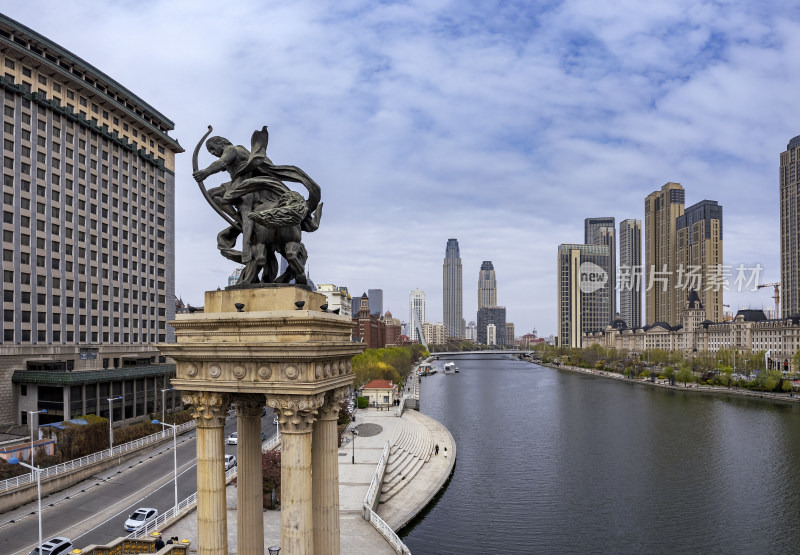 天津海河风景大光明桥城市建筑风光航拍