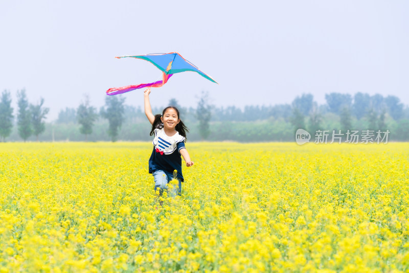 夏天拿着风车在油菜花田中奔跑的女孩