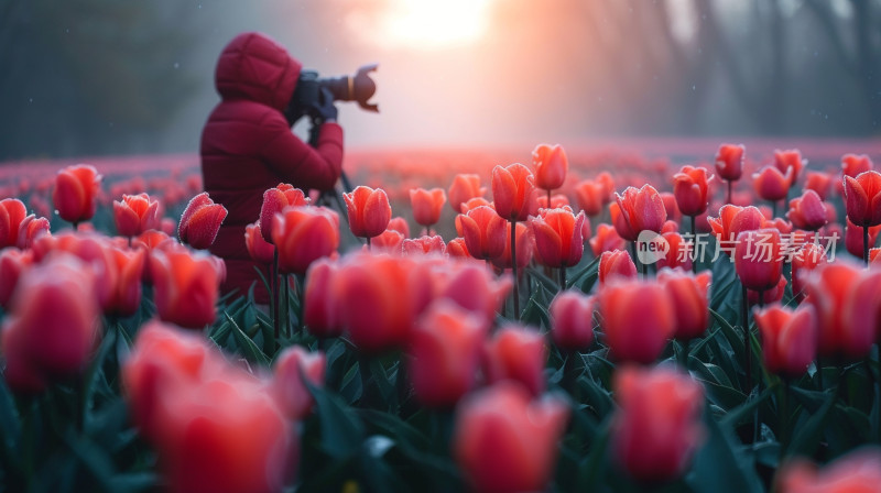 摄影师正在拍摄夕阳下盛开的郁金香花田