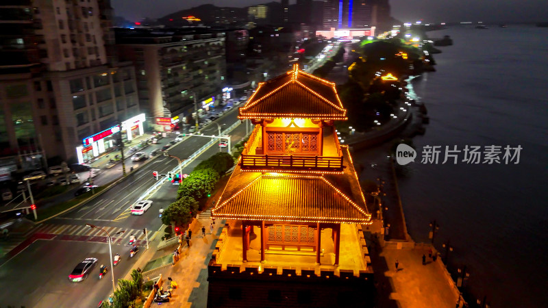 航拍湖北鄂州武昌门夜景灯光