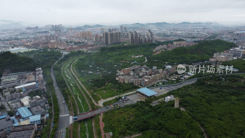 航拍广东省东莞市清溪镇雨后城市风光