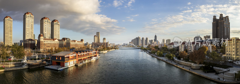 天津海河风景金阜码头城市风光全景航拍