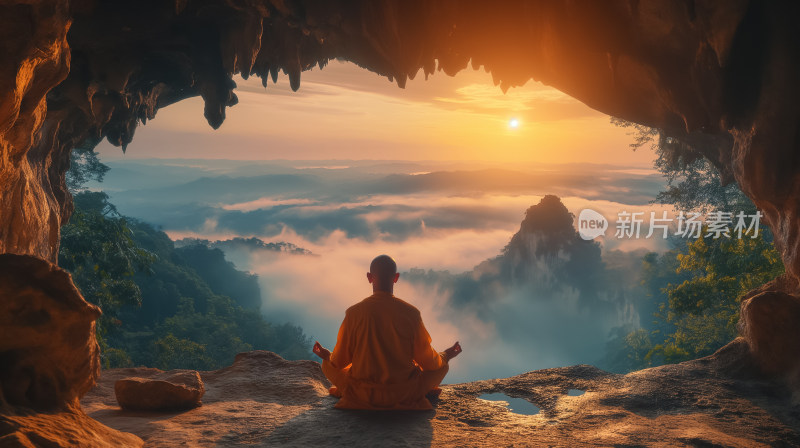 僧人在山洞中打坐冥想的景象