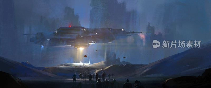 科幻场景中飞船降落人群围观